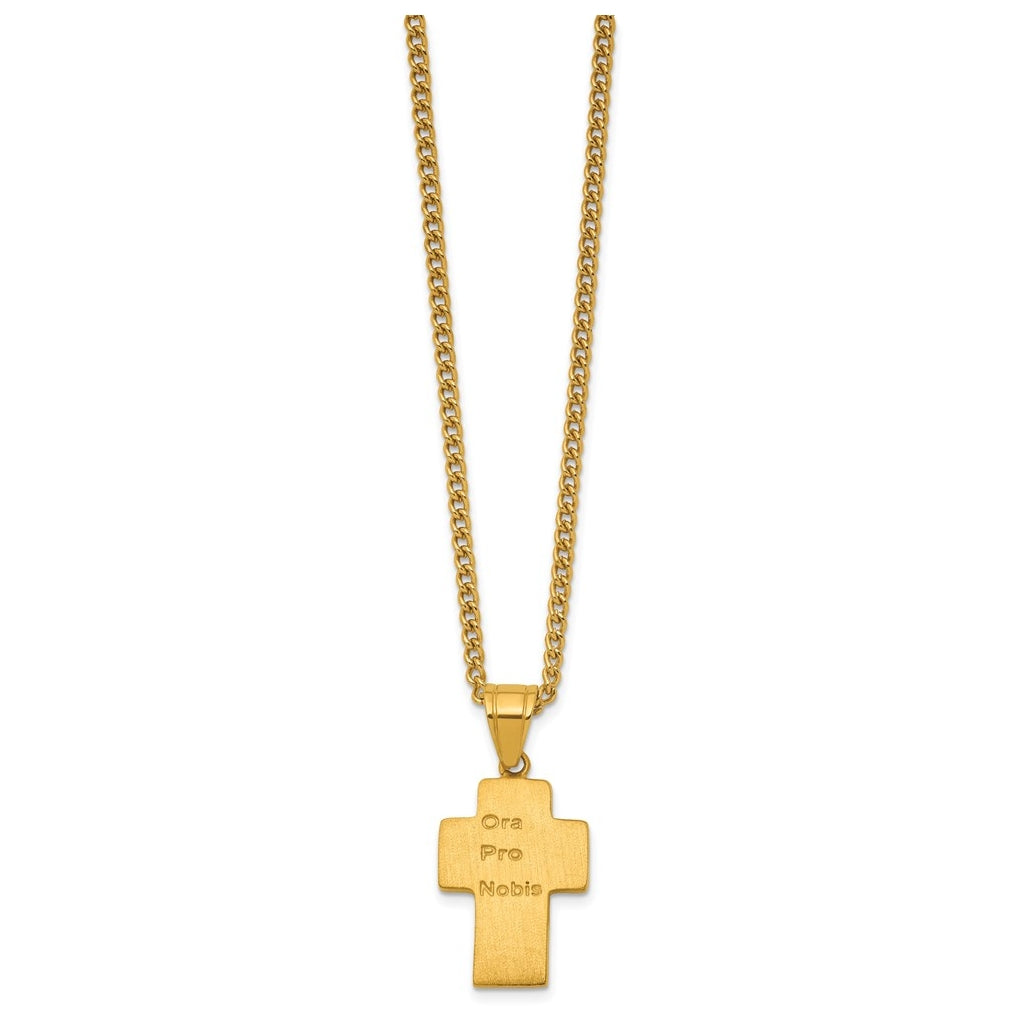 Stainless Steel Polished Yellow IP Jesus Mary Joseph Cross Necklace – Elegant Jewelry Gift for Birthday, Anniversary, Engagement, Wedding