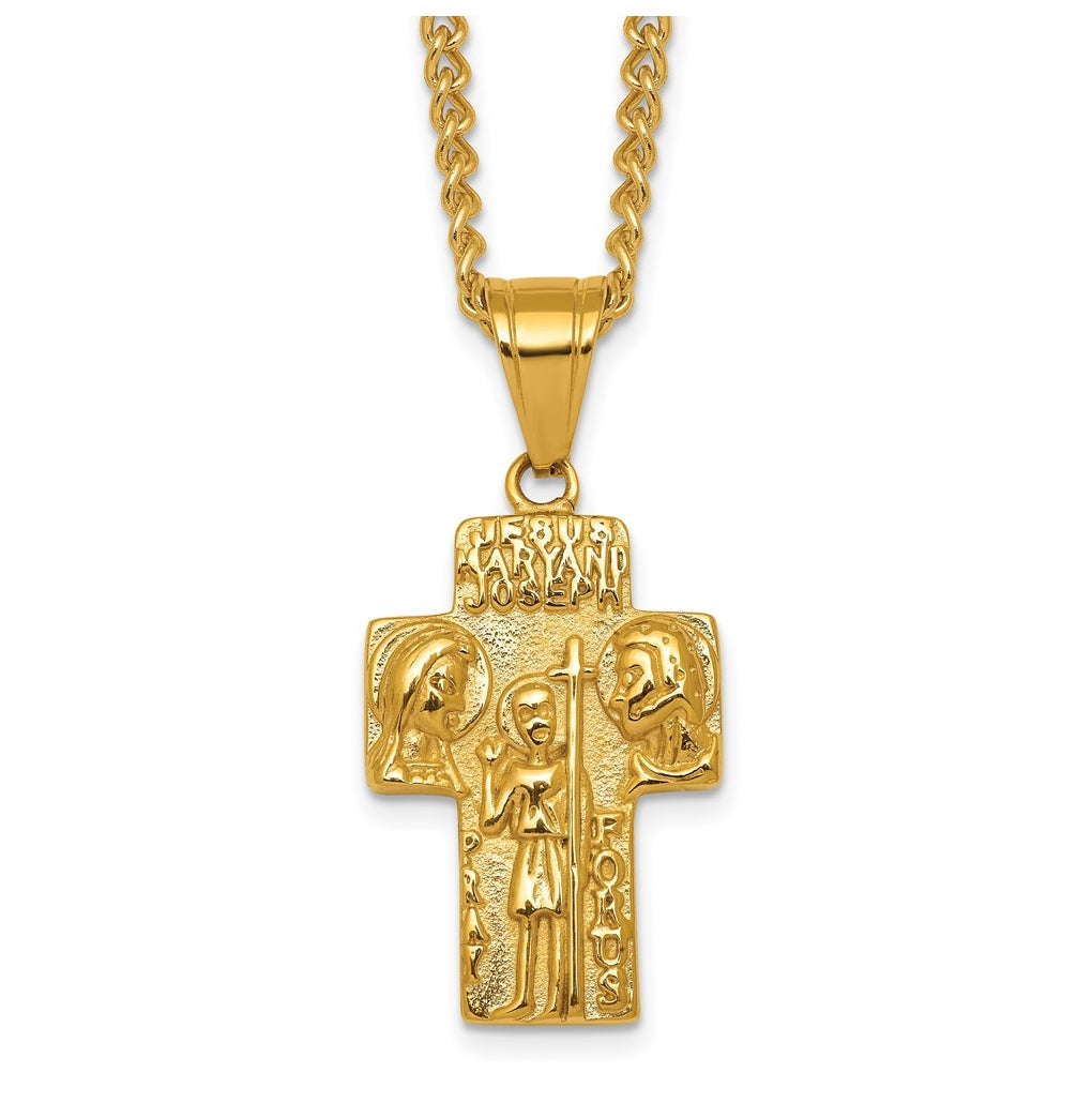 Stainless Steel Polished Yellow IP Jesus Mary Joseph Cross Necklace – Elegant Jewelry Gift for Birthday, Anniversary, Engagement, Wedding