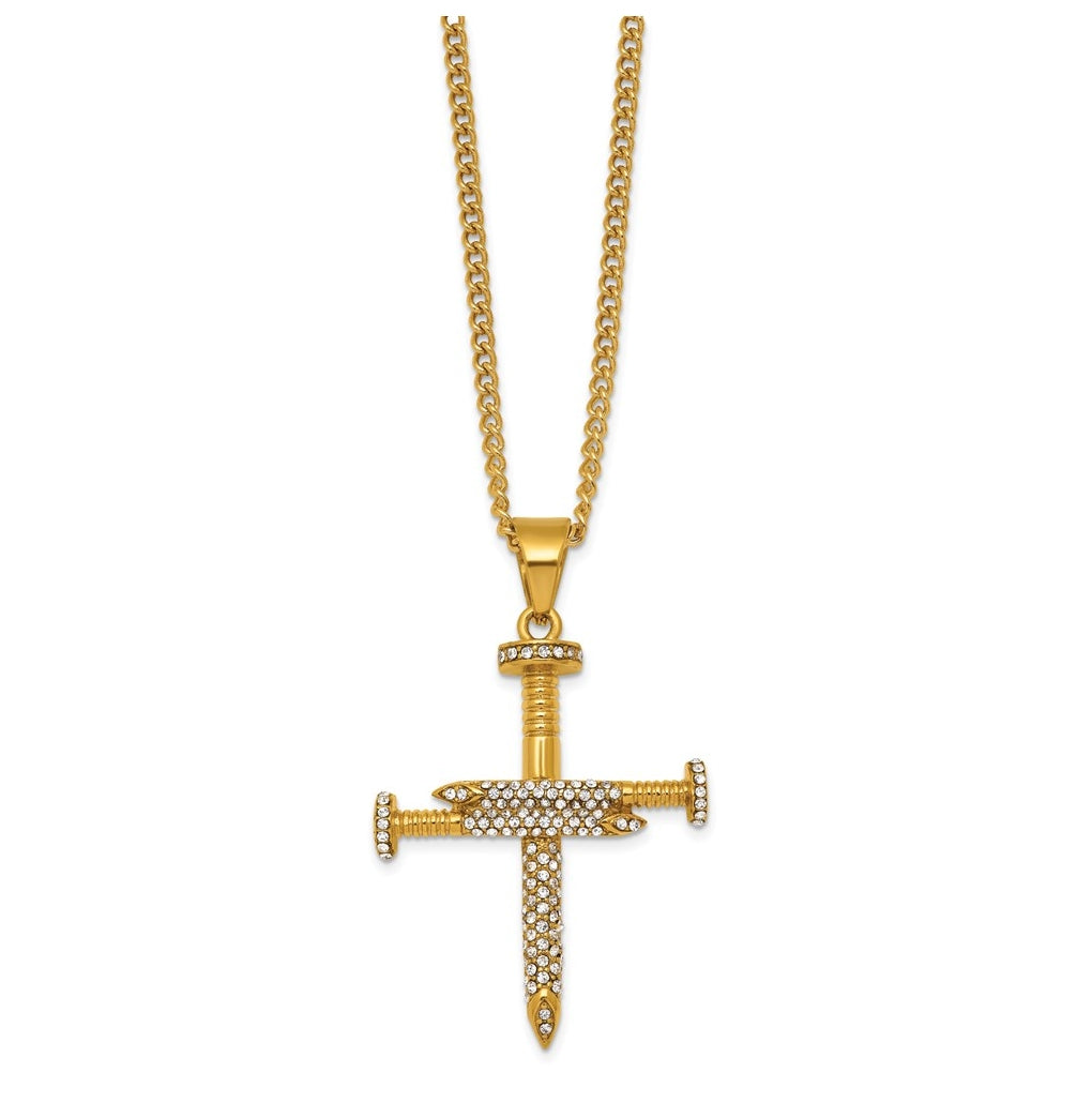 Stainless Steel Polished Yellow IP Crystal Nail Cross 24in Necklace – Elegant Jewelry Gift for Birthday, Anniversary, Engagement, Wedding