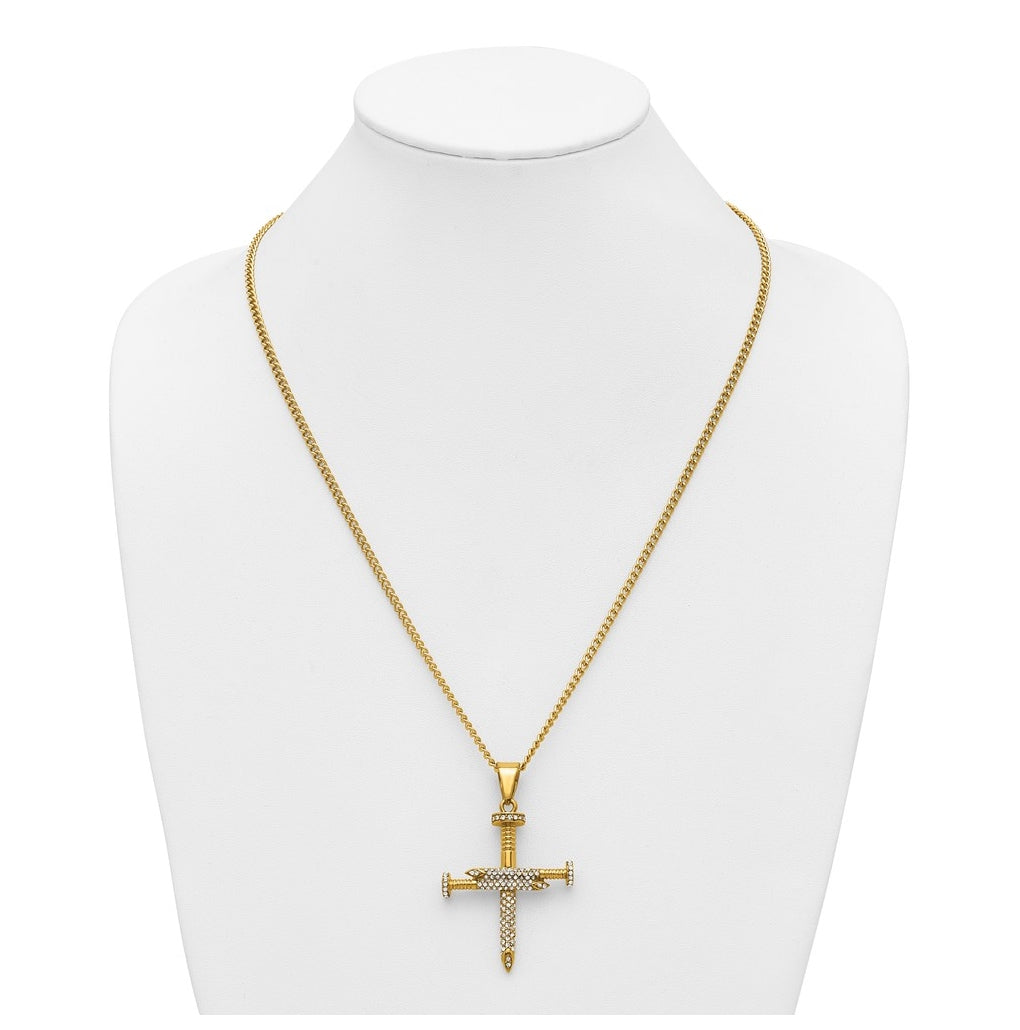 Stainless Steel Polished Yellow IP Crystal Nail Cross 24in Necklace – Elegant Jewelry Gift for Birthday, Anniversary, Engagement, Wedding