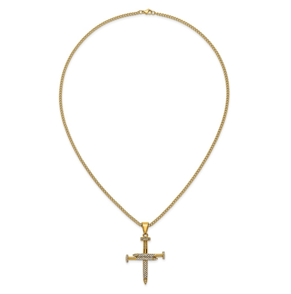 Stainless Steel Polished Yellow IP Crystal Nail Cross 24in Necklace – Elegant Jewelry Gift for Birthday, Anniversary, Engagement, Wedding