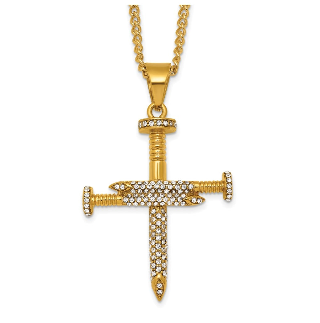 Stainless Steel Polished Yellow IP Crystal Nail Cross 24in Necklace – Elegant Jewelry Gift for Birthday, Anniversary, Engagement, Wedding