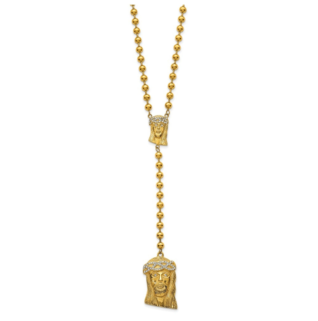 Stainless Steel Polished Yellow IP-plated Crystal Jesus Rosary Necklace – Elegant Jewelry Gift for Birthday, Anniversary, Engagement, Wedding