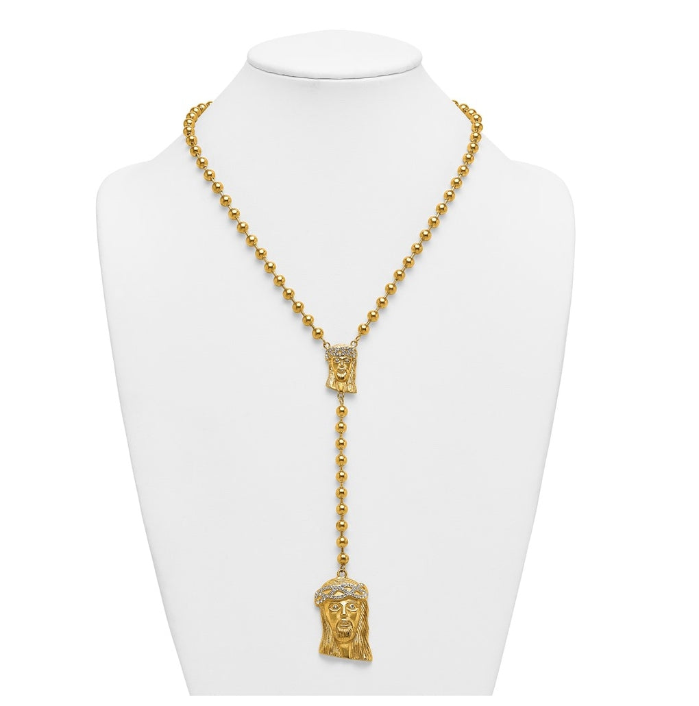 Stainless Steel Polished Yellow IP-plated Crystal Jesus Rosary Necklace – Elegant Jewelry Gift for Birthday, Anniversary, Engagement, Wedding