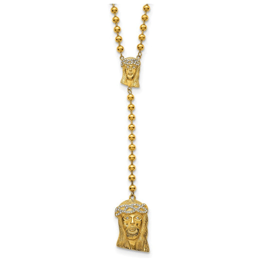 Stainless Steel Polished Yellow IP-plated Crystal Jesus Rosary Necklace – Elegant Jewelry Gift for Birthday, Anniversary, Engagement, Wedding