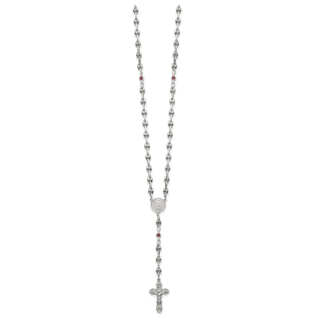 Stainless Steel with 925 Sterling Silver Polished Dark Pink Cubic Zirconia 21in INRI Rosary Necklace – Elegant Jewelry Gift for Birthday, Anniversary, Engagement, Wedding