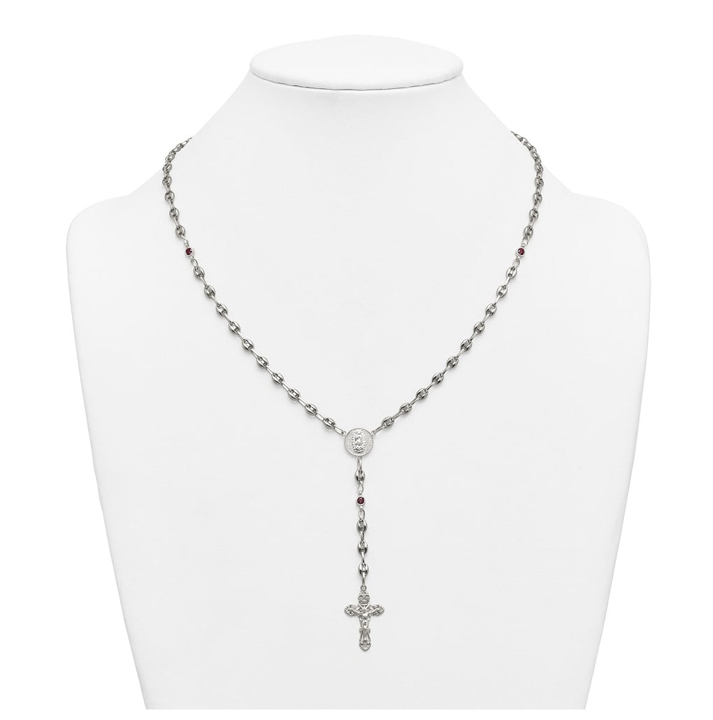 Stainless Steel with 925 Sterling Silver Polished Dark Pink Cubic Zirconia 21in INRI Rosary Necklace – Elegant Jewelry Gift for Birthday, Anniversary, Engagement, Wedding