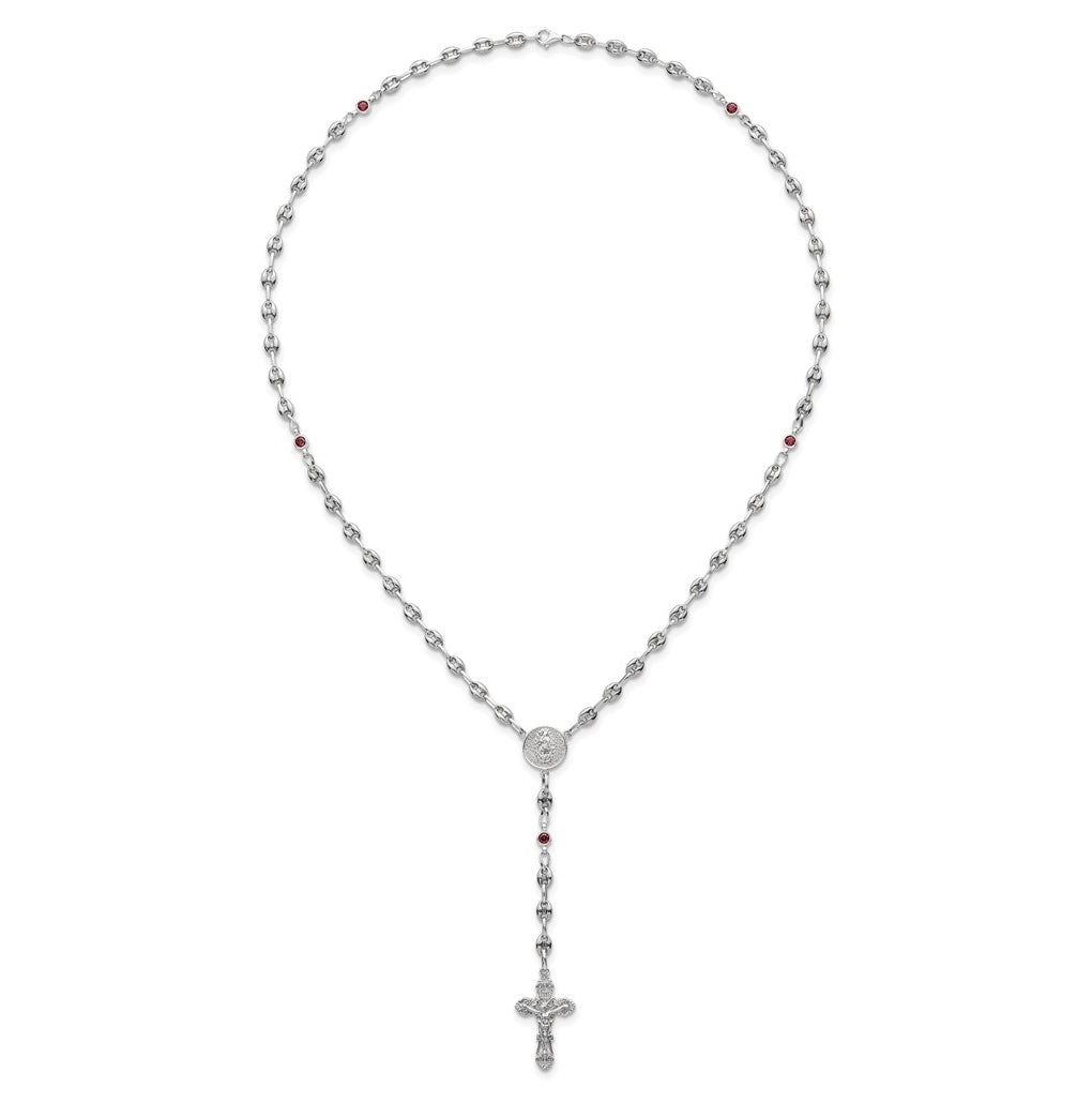 Stainless Steel with 925 Sterling Silver Polished Dark Pink Cubic Zirconia 21in INRI Rosary Necklace – Elegant Jewelry Gift for Birthday, Anniversary, Engagement, Wedding
