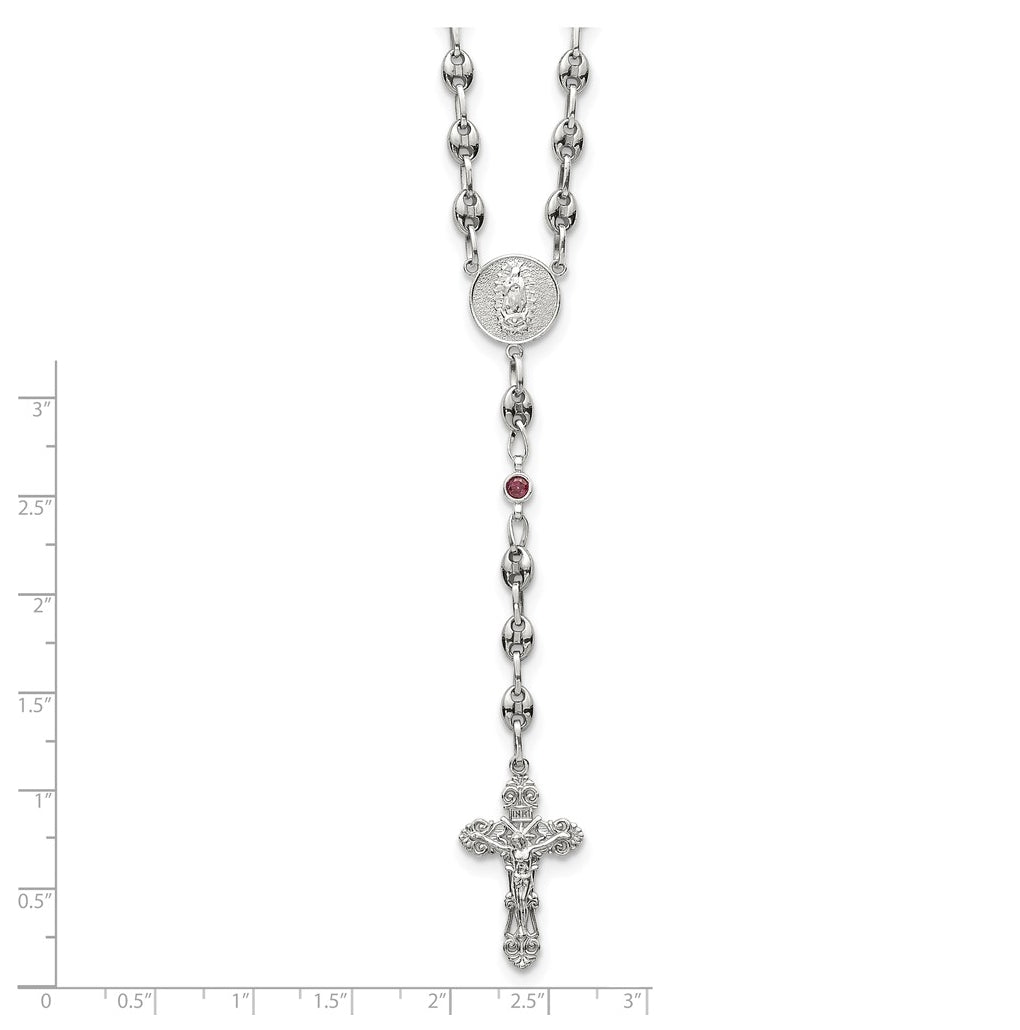 Stainless Steel with 925 Sterling Silver Polished Dark Pink Cubic Zirconia 21in INRI Rosary Necklace – Elegant Jewelry Gift for Birthday, Anniversary, Engagement, Wedding