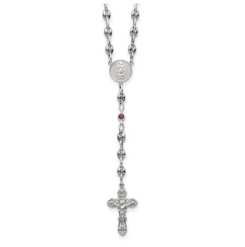 Stainless Steel with 925 Sterling Silver Polished Dark Pink Cubic Zirconia 21in INRI Rosary Necklace – Elegant Jewelry Gift for Birthday, Anniversary, Engagement, Wedding