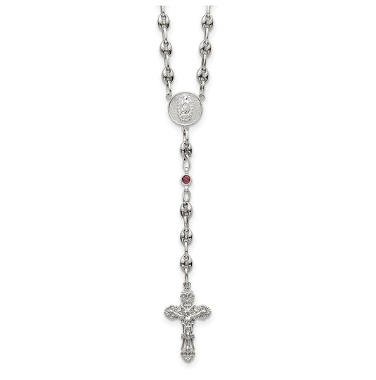 Stainless Steel with 925 Sterling Silver Polished Dark Pink Cubic Zirconia 21in INRI Rosary Necklace – Elegant Jewelry Gift for Birthday, Anniversary, Engagement, Wedding