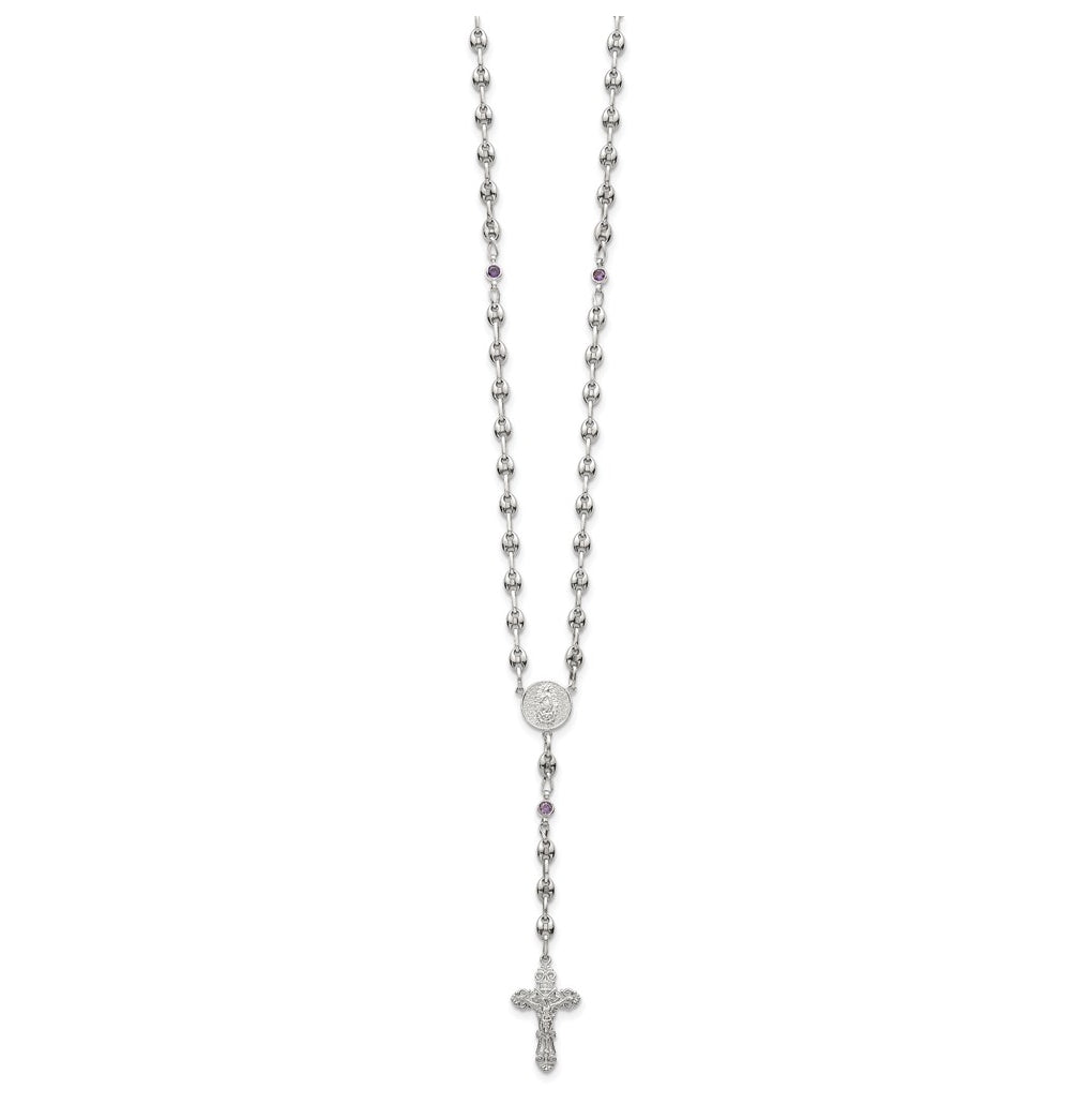 Stainless Steel with 925 Sterling Silver Polished Dark Pink Cubic Zirconia 21in INRI Rosary Necklace – Elegant Jewelry Gift for Birthday, Anniversary, Engagement, Wedding