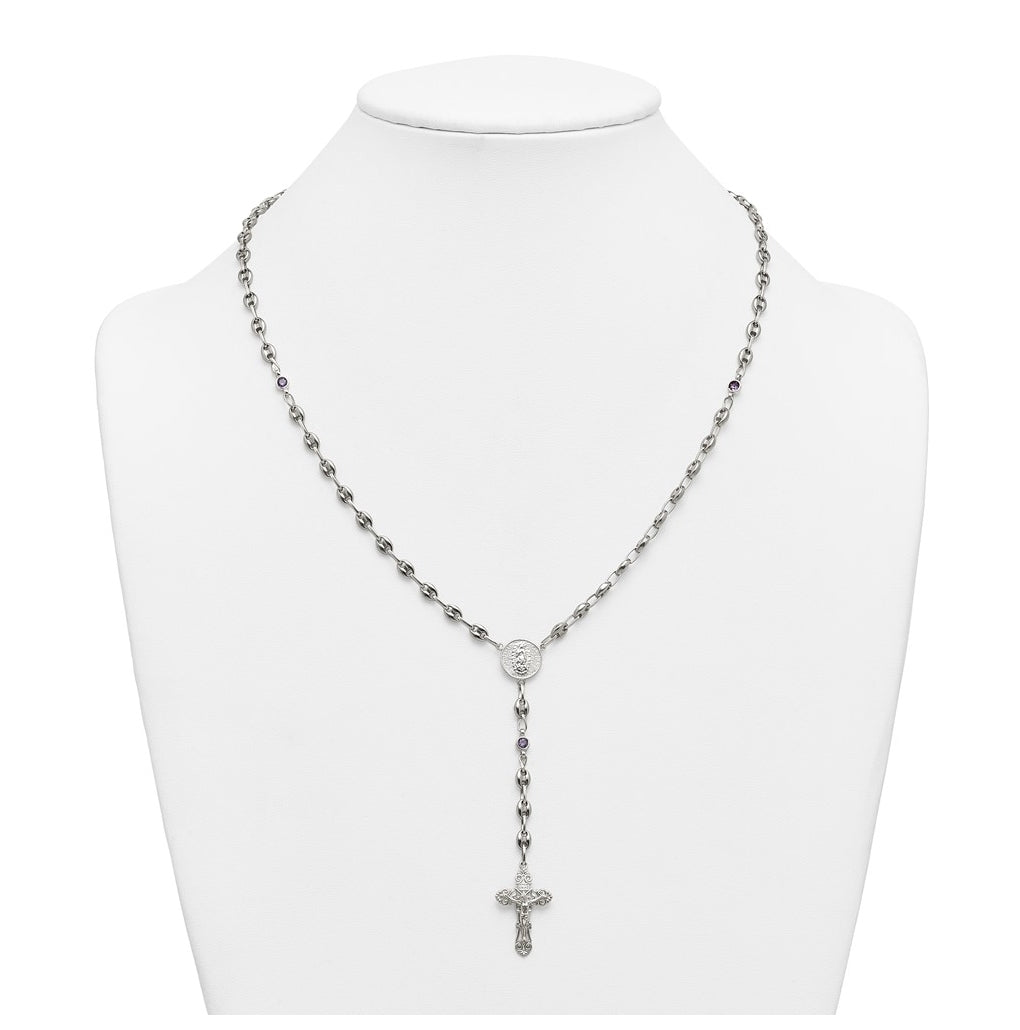 Stainless Steel with 925 Sterling Silver Polished Dark Pink Cubic Zirconia 21in INRI Rosary Necklace – Elegant Jewelry Gift for Birthday, Anniversary, Engagement, Wedding