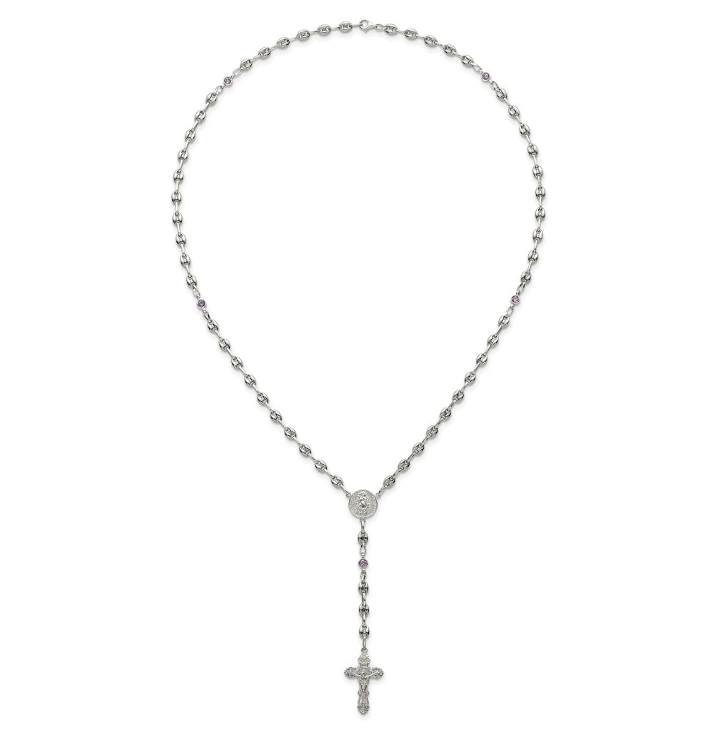 Stainless Steel with 925 Sterling Silver Polished Dark Pink Cubic Zirconia 21in INRI Rosary Necklace – Elegant Jewelry Gift for Birthday, Anniversary, Engagement, Wedding
