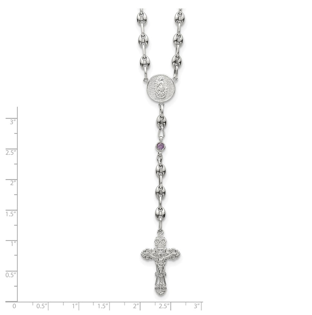 Stainless Steel with 925 Sterling Silver Polished Dark Pink Cubic Zirconia 21in INRI Rosary Necklace – Elegant Jewelry Gift for Birthday, Anniversary, Engagement, Wedding
