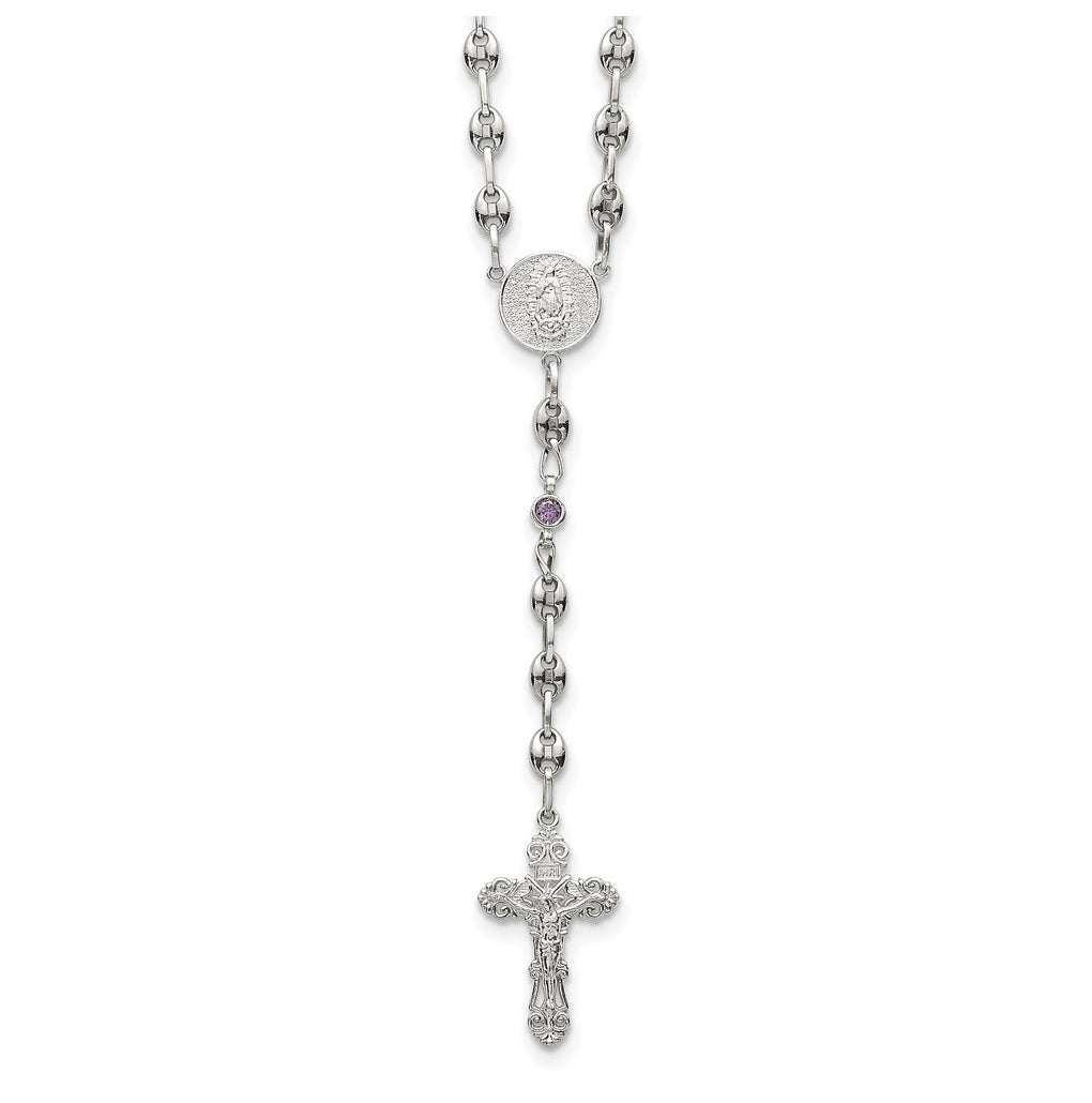 Stainless Steel with 925 Sterling Silver Polished Dark Pink Cubic Zirconia 21in INRI Rosary Necklace – Elegant Jewelry Gift for Birthday, Anniversary, Engagement, Wedding