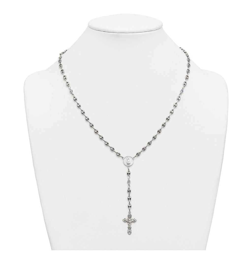 Stainless Steel with 925 Sterling Silver Polished Dark Pink Cubic Zirconia 21in INRI Rosary Necklace – Elegant Jewelry Gift for Birthday, Anniversary, Engagement, Wedding