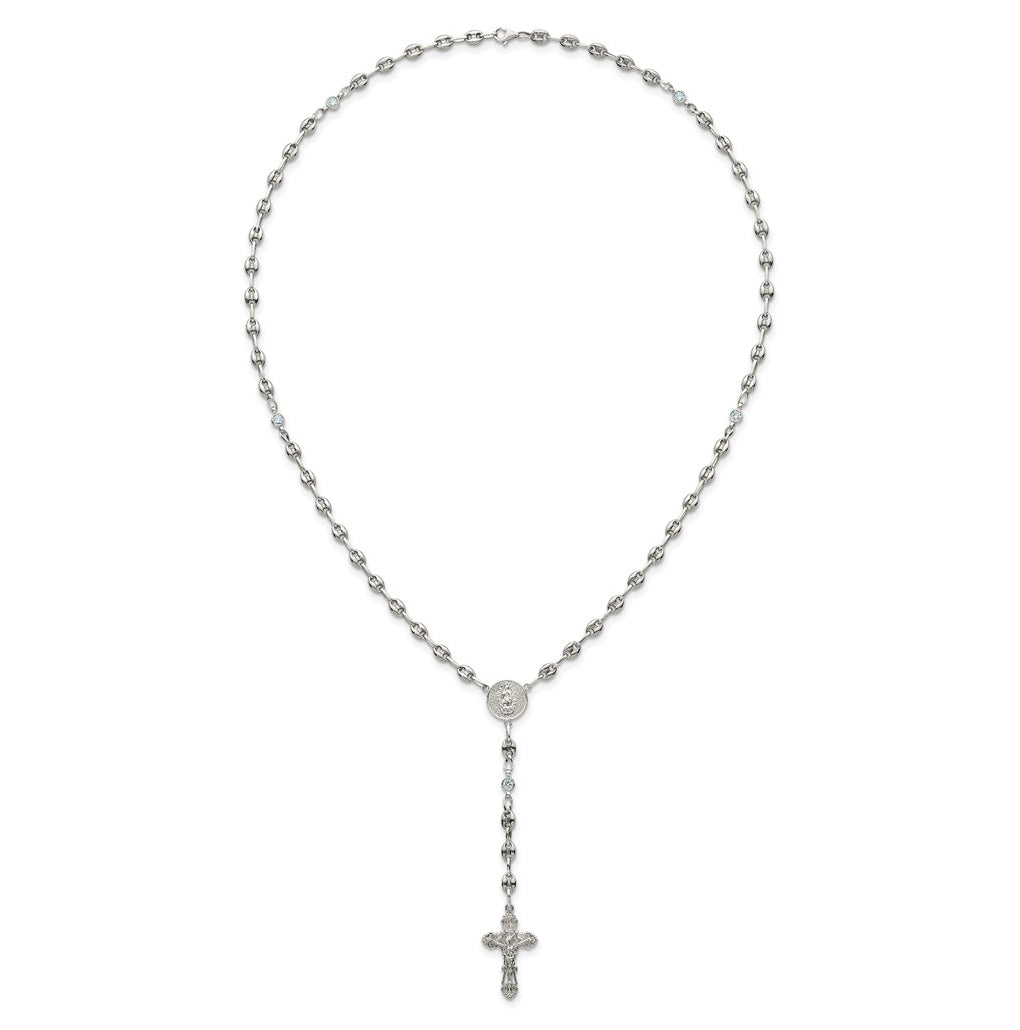 Stainless Steel with 925 Sterling Silver Polished Dark Pink Cubic Zirconia 21in INRI Rosary Necklace – Elegant Jewelry Gift for Birthday, Anniversary, Engagement, Wedding