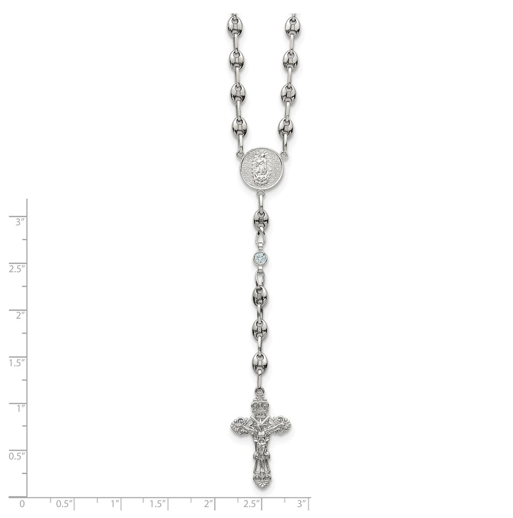 Stainless Steel with 925 Sterling Silver Polished Dark Pink Cubic Zirconia 21in INRI Rosary Necklace – Elegant Jewelry Gift for Birthday, Anniversary, Engagement, Wedding
