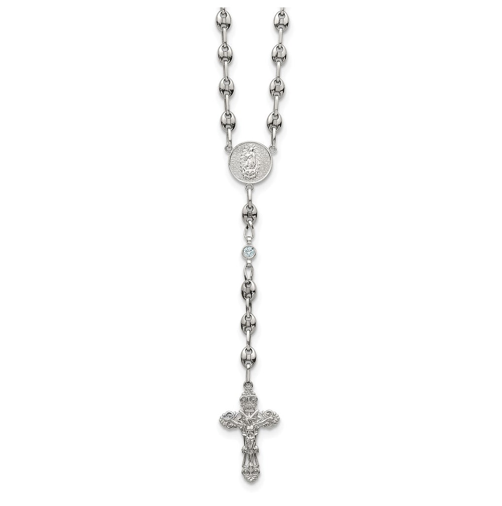Stainless Steel with 925 Sterling Silver Polished Dark Pink Cubic Zirconia 21in INRI Rosary Necklace – Elegant Jewelry Gift for Birthday, Anniversary, Engagement, Wedding