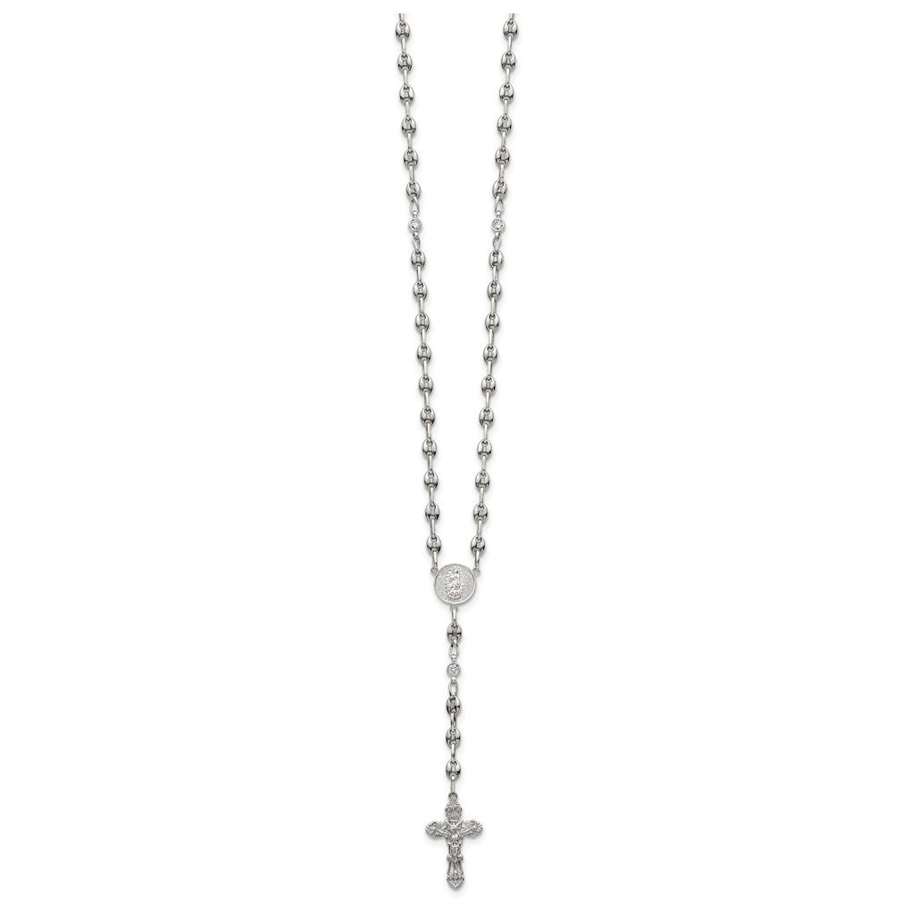 Stainless Steel with 925 Sterling Silver Polished Dark Pink Cubic Zirconia 21in INRI Rosary Necklace – Elegant Jewelry Gift for Birthday, Anniversary, Engagement, Wedding