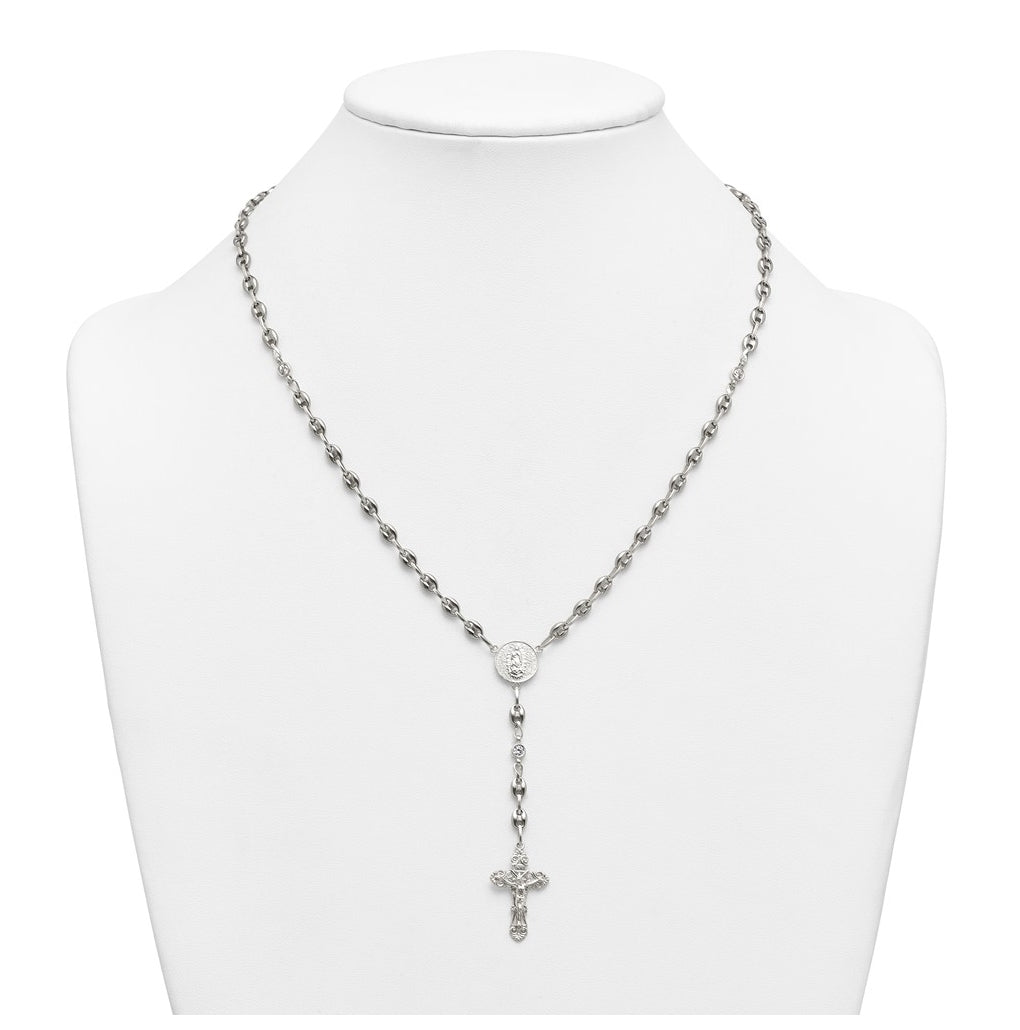 Stainless Steel with 925 Sterling Silver Polished Dark Pink Cubic Zirconia 21in INRI Rosary Necklace – Elegant Jewelry Gift for Birthday, Anniversary, Engagement, Wedding