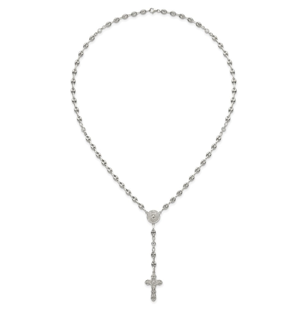 Stainless Steel with 925 Sterling Silver Polished Dark Pink Cubic Zirconia 21in INRI Rosary Necklace – Elegant Jewelry Gift for Birthday, Anniversary, Engagement, Wedding