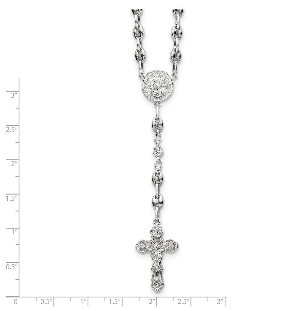 Stainless Steel with 925 Sterling Silver Polished Dark Pink Cubic Zirconia 21in INRI Rosary Necklace – Elegant Jewelry Gift for Birthday, Anniversary, Engagement, Wedding