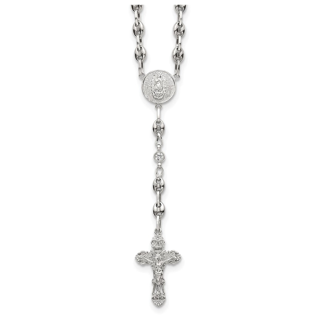 Stainless Steel with 925 Sterling Silver Polished Dark Pink Cubic Zirconia 21in INRI Rosary Necklace – Elegant Jewelry Gift for Birthday, Anniversary, Engagement, Wedding