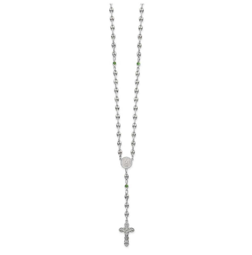 Stainless Steel with 925 Sterling Silver Polished Dark Pink Cubic Zirconia 21in INRI Rosary Necklace – Elegant Jewelry Gift for Birthday, Anniversary, Engagement, Wedding
