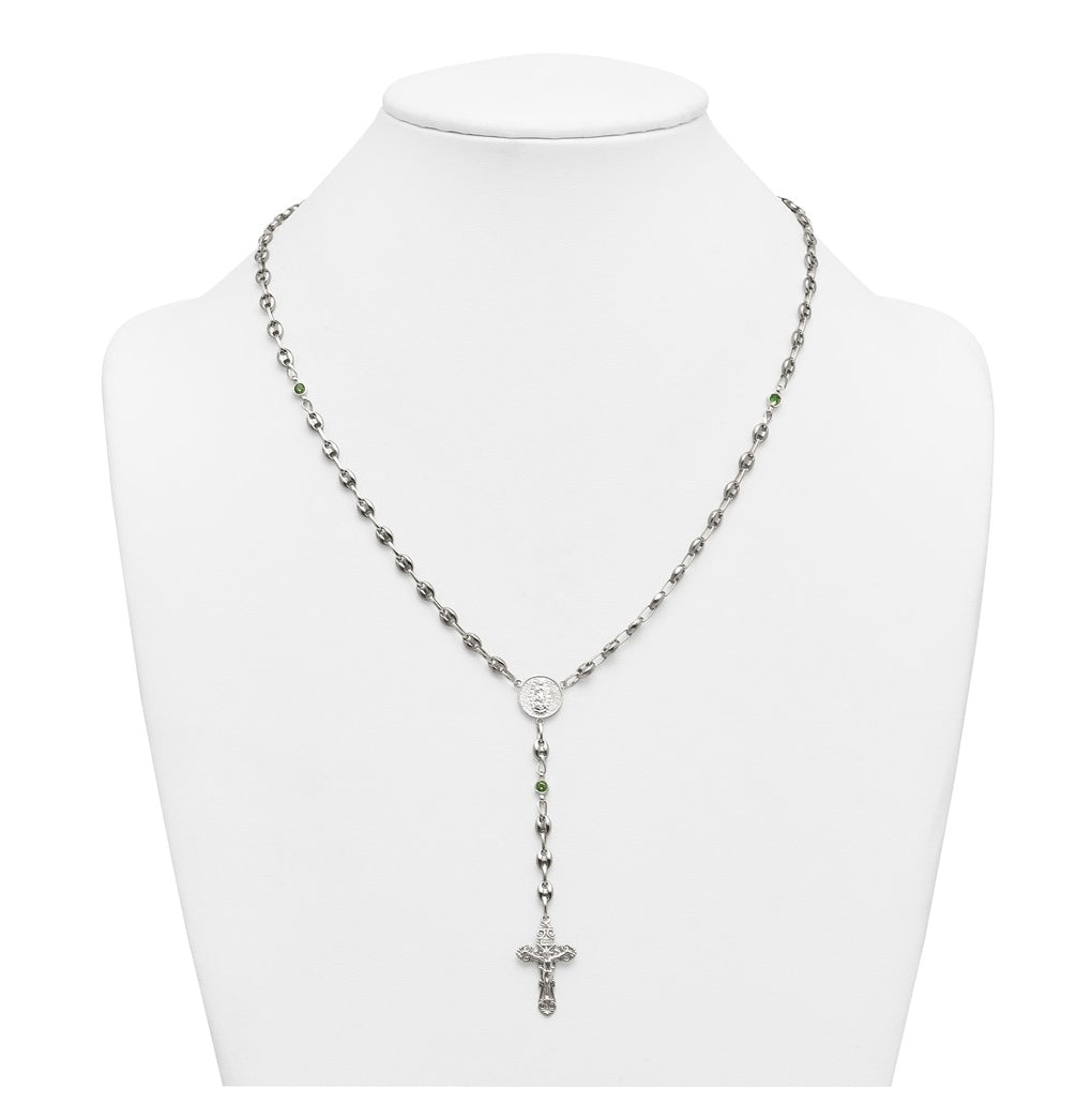 Stainless Steel with 925 Sterling Silver Polished Dark Pink Cubic Zirconia 21in INRI Rosary Necklace – Elegant Jewelry Gift for Birthday, Anniversary, Engagement, Wedding