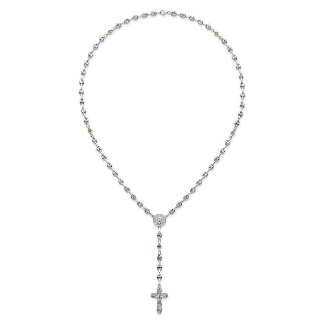 Stainless Steel with 925 Sterling Silver Polished Dark Pink Cubic Zirconia 21in INRI Rosary Necklace – Elegant Jewelry Gift for Birthday, Anniversary, Engagement, Wedding