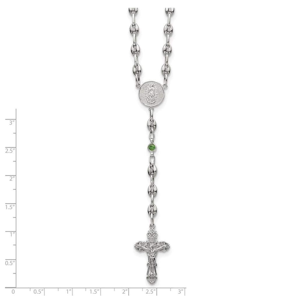 Stainless Steel with 925 Sterling Silver Polished Dark Pink Cubic Zirconia 21in INRI Rosary Necklace – Elegant Jewelry Gift for Birthday, Anniversary, Engagement, Wedding