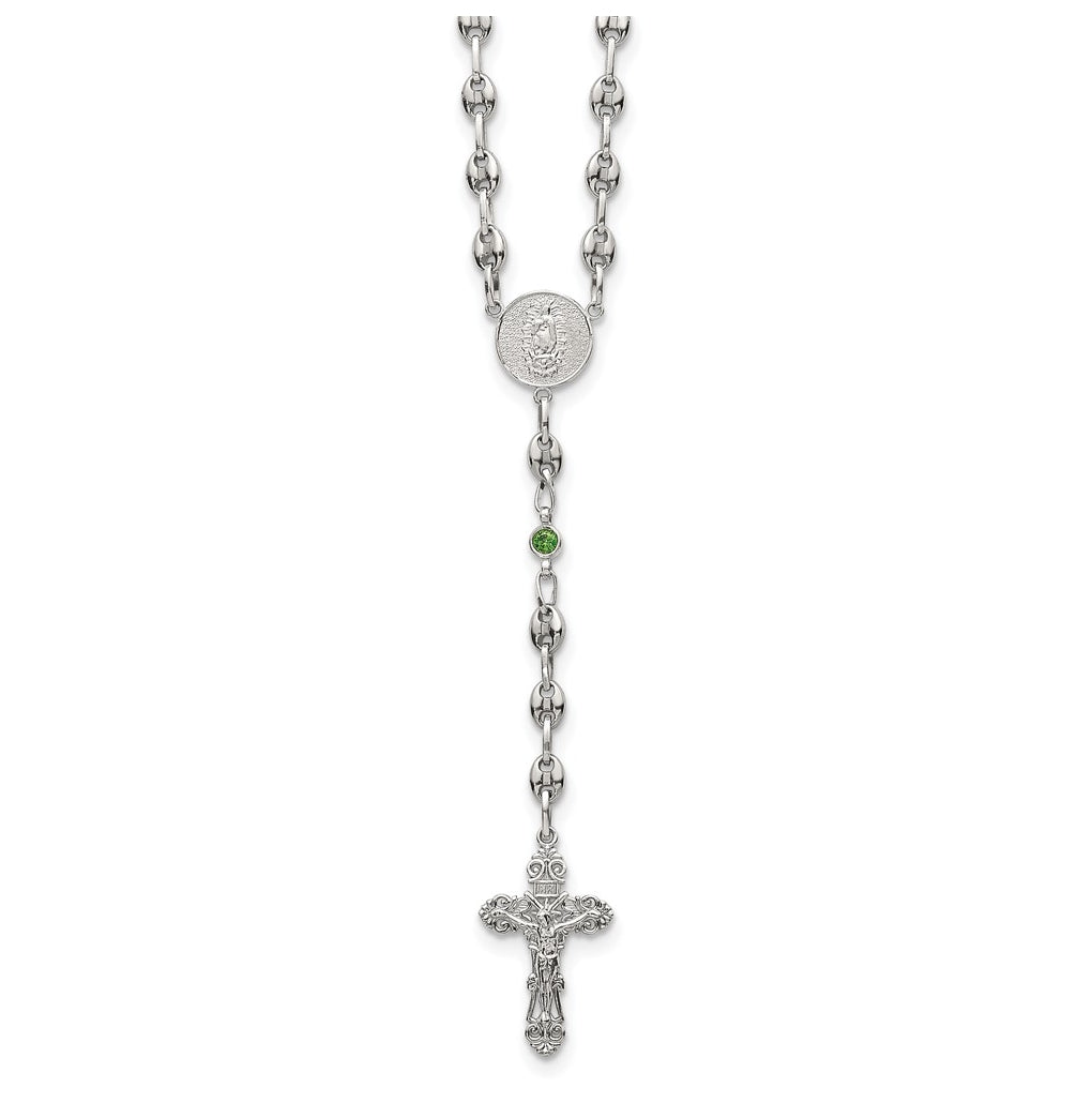 Stainless Steel with 925 Sterling Silver Polished Dark Pink Cubic Zirconia 21in INRI Rosary Necklace – Elegant Jewelry Gift for Birthday, Anniversary, Engagement, Wedding