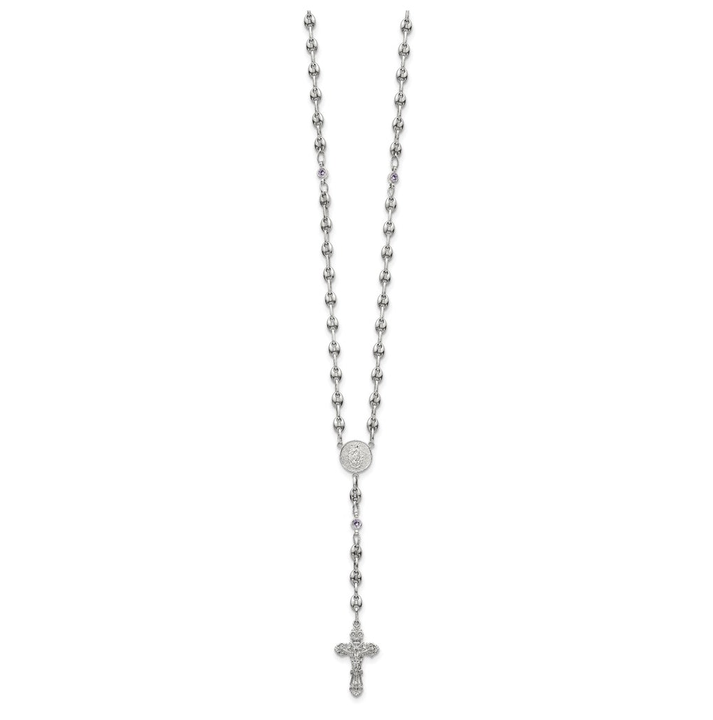 Stainless Steel with 925 Sterling Silver Polished Dark Pink Cubic Zirconia 21in INRI Rosary Necklace – Elegant Jewelry Gift for Birthday, Anniversary, Engagement, Wedding