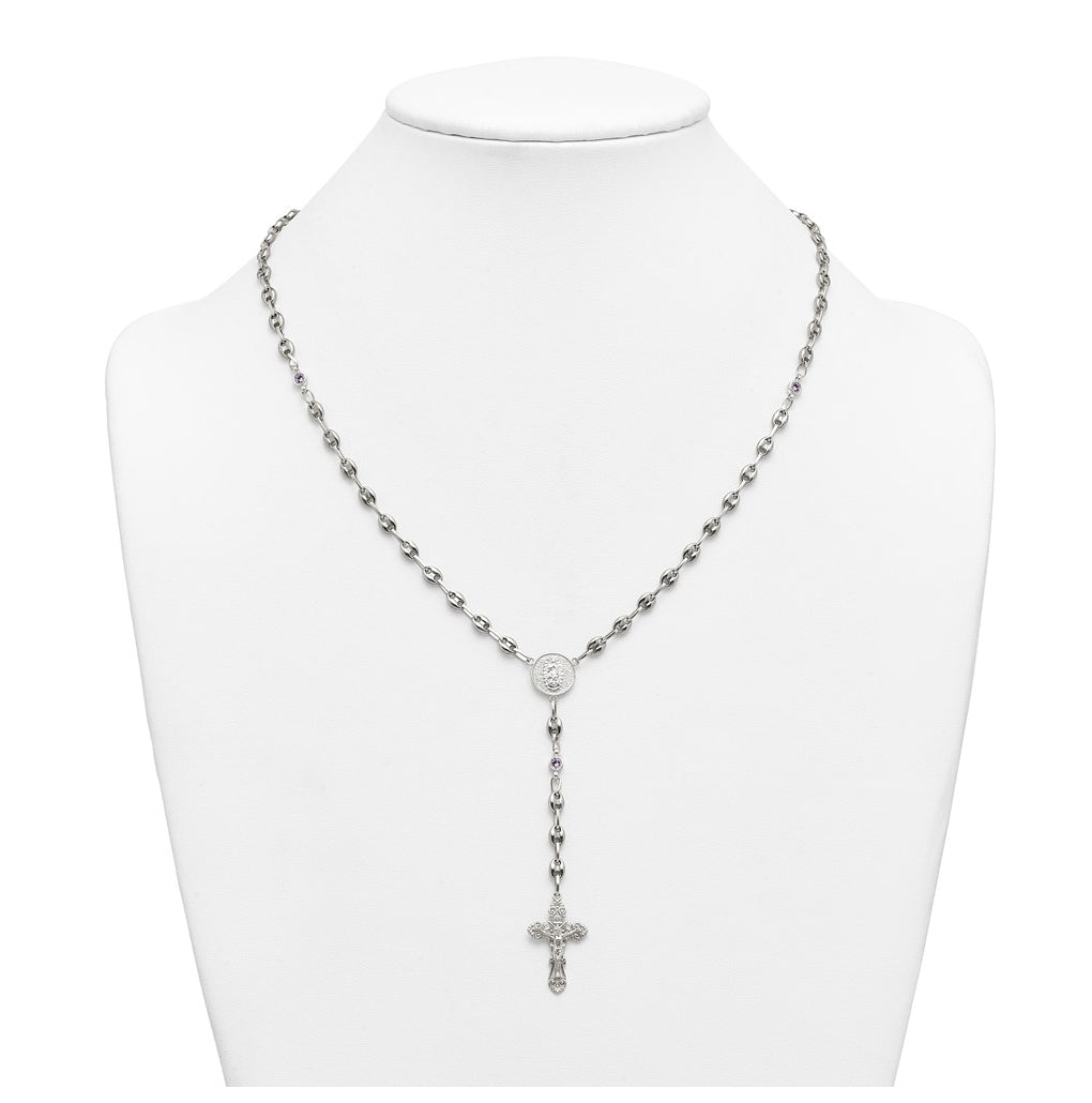 Stainless Steel with 925 Sterling Silver Polished Dark Pink Cubic Zirconia 21in INRI Rosary Necklace – Elegant Jewelry Gift for Birthday, Anniversary, Engagement, Wedding