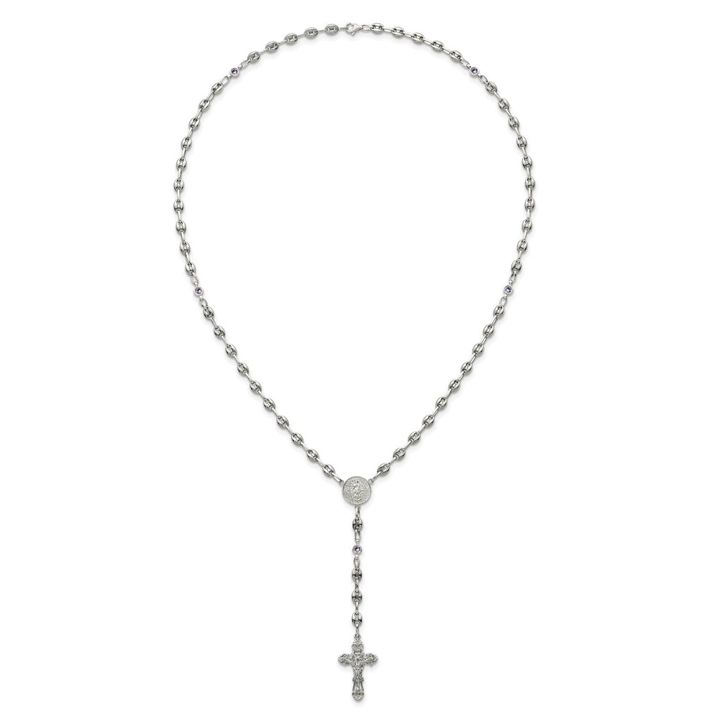 Stainless Steel with 925 Sterling Silver Polished Dark Pink Cubic Zirconia 21in INRI Rosary Necklace – Elegant Jewelry Gift for Birthday, Anniversary, Engagement, Wedding