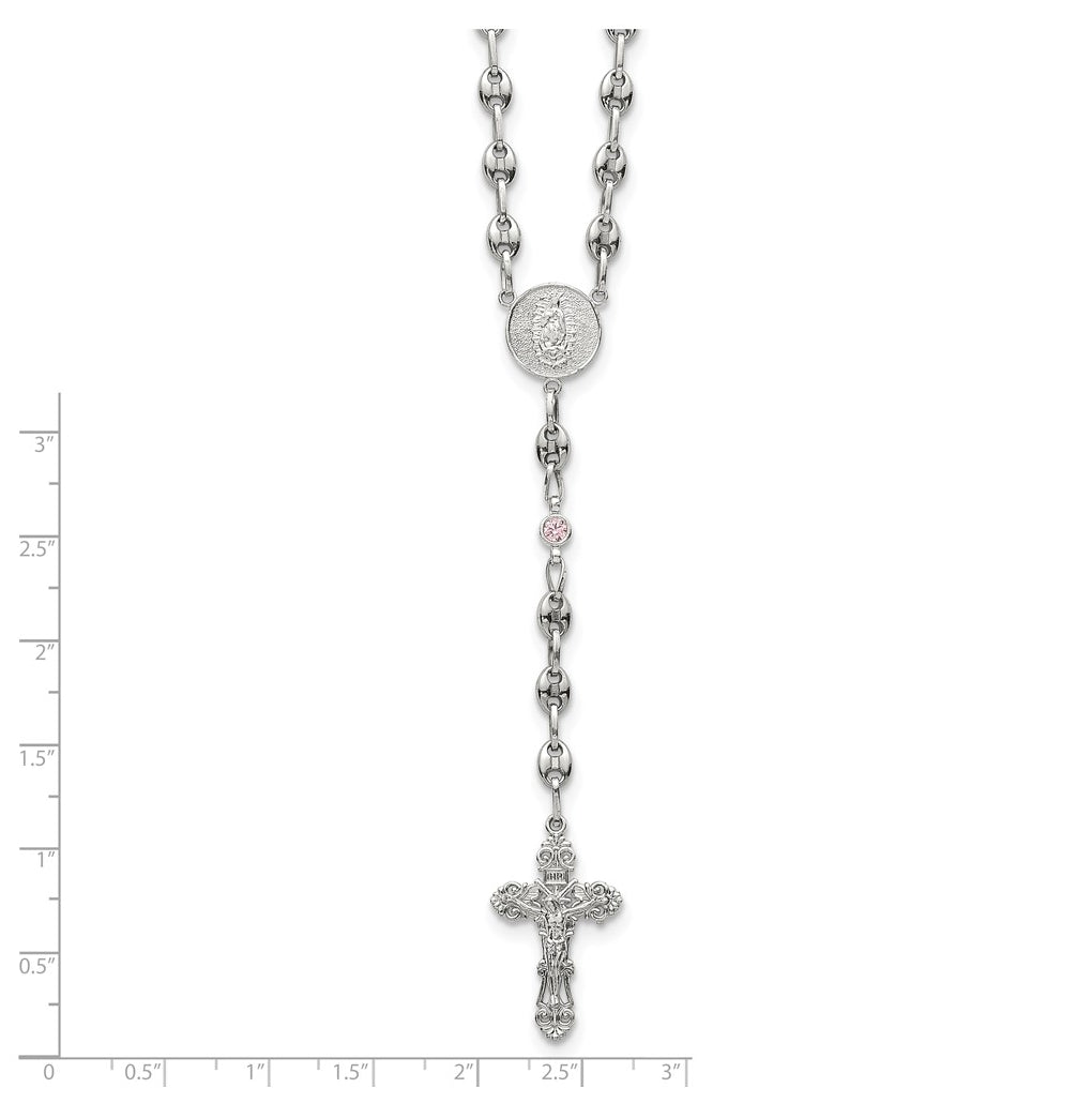 Stainless Steel with 925 Sterling Silver Polished Dark Pink Cubic Zirconia 21in INRI Rosary Necklace – Elegant Jewelry Gift for Birthday, Anniversary, Engagement, Wedding