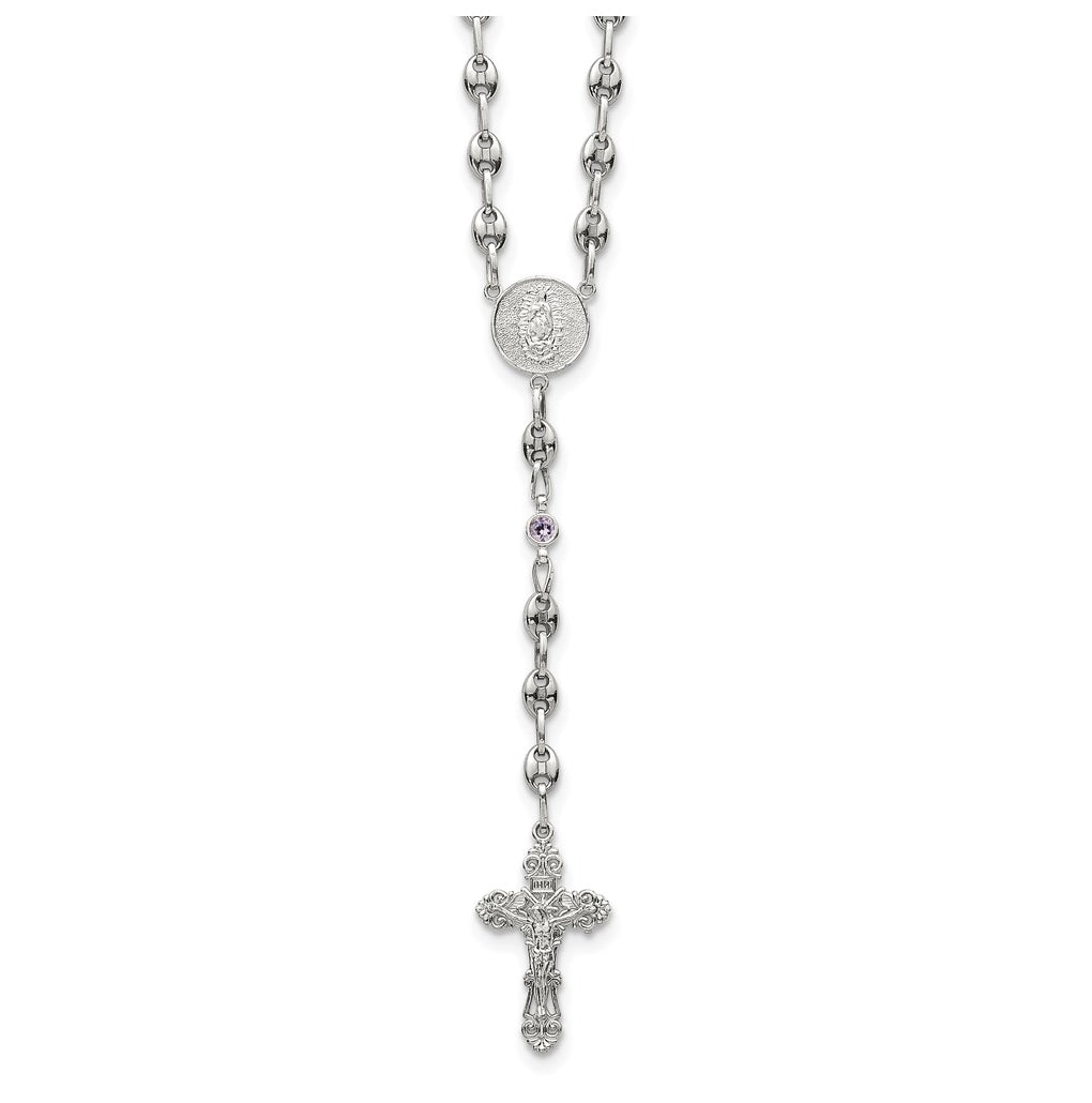 Stainless Steel with 925 Sterling Silver Polished Dark Pink Cubic Zirconia 21in INRI Rosary Necklace – Elegant Jewelry Gift for Birthday, Anniversary, Engagement, Wedding