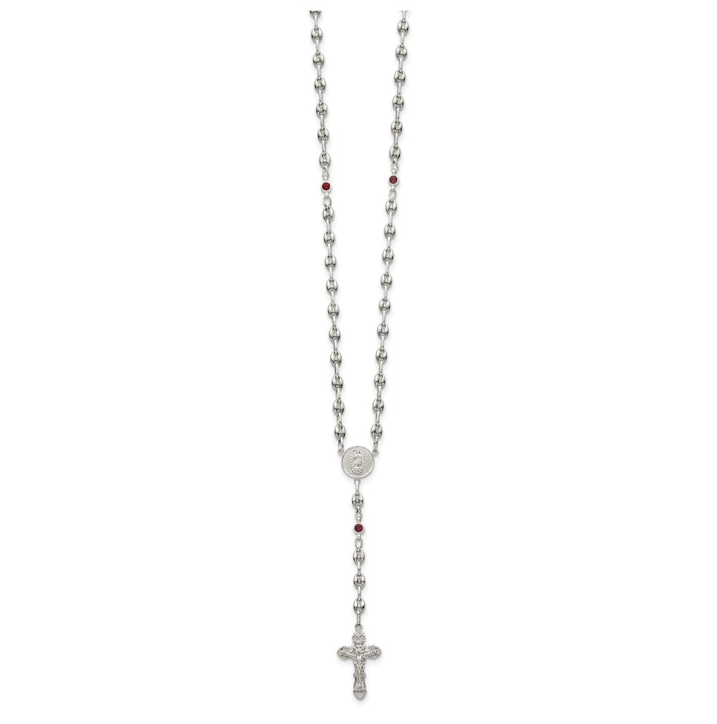 Stainless Steel with 925 Sterling Silver Polished Dark Pink Cubic Zirconia 21in INRI Rosary Necklace – Elegant Jewelry Gift for Birthday, Anniversary, Engagement, Wedding