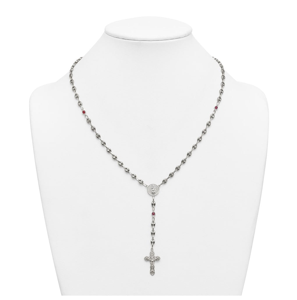 Stainless Steel with 925 Sterling Silver Polished Dark Pink Cubic Zirconia 21in INRI Rosary Necklace – Elegant Jewelry Gift for Birthday, Anniversary, Engagement, Wedding