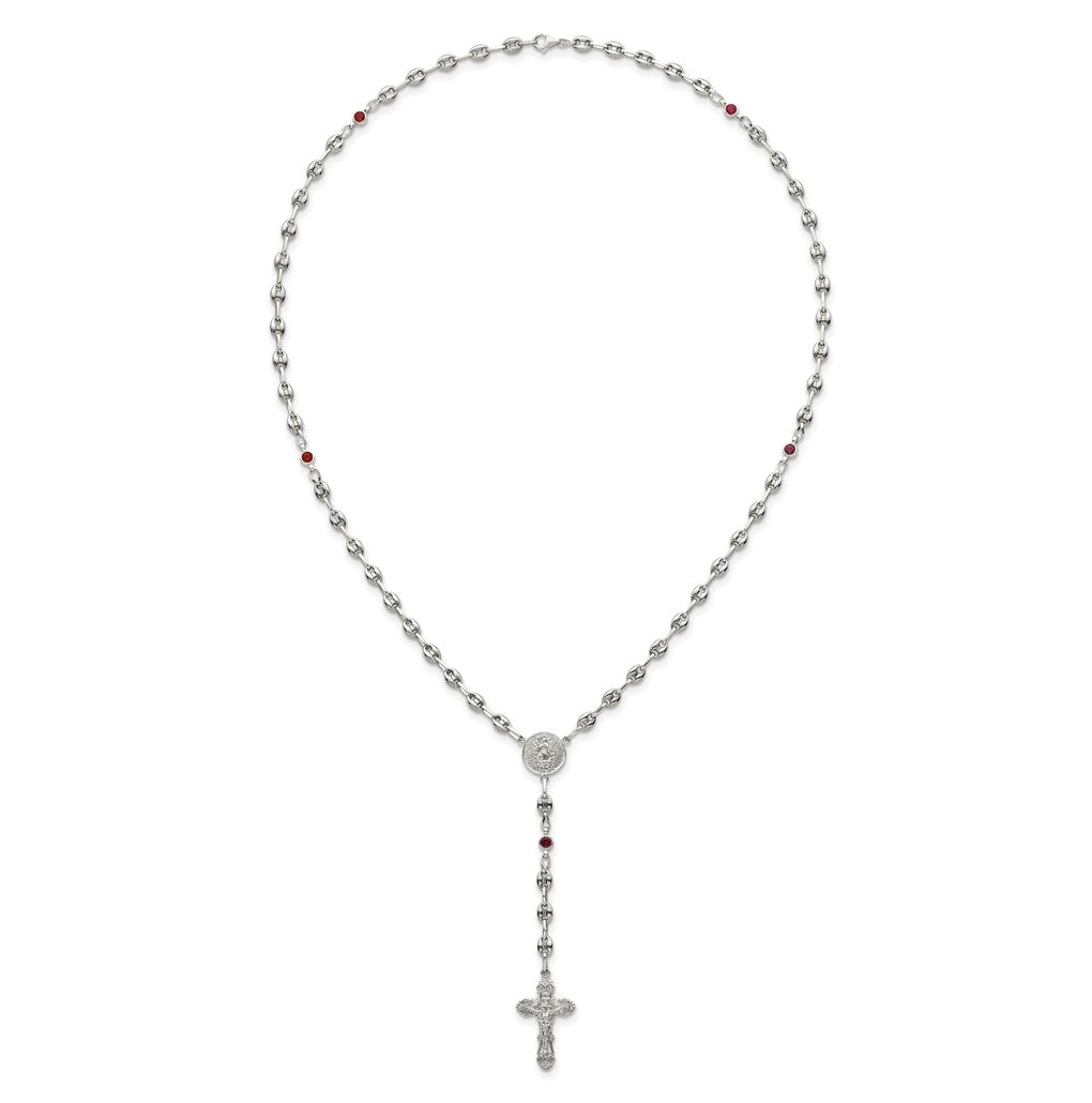 Stainless Steel with 925 Sterling Silver Polished Dark Pink Cubic Zirconia 21in INRI Rosary Necklace – Elegant Jewelry Gift for Birthday, Anniversary, Engagement, Wedding