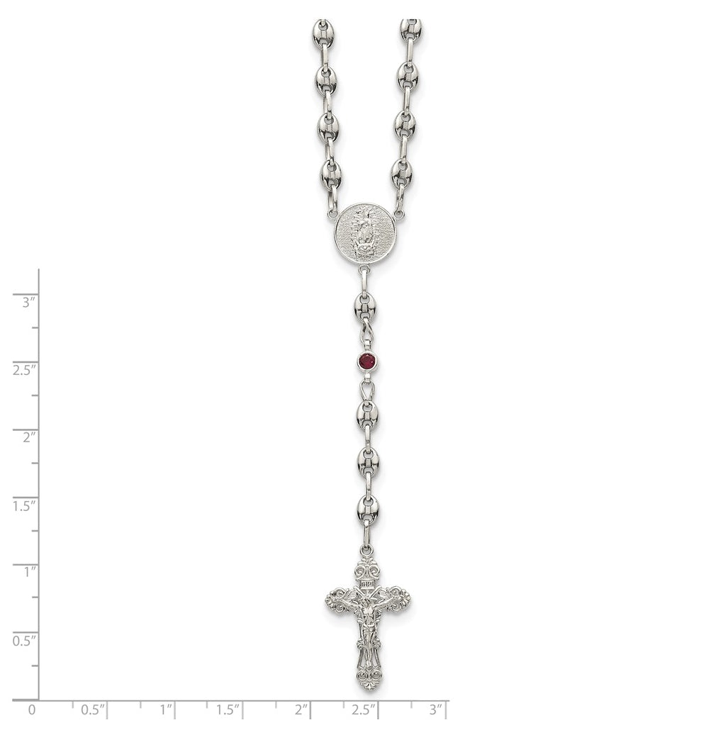 Stainless Steel with 925 Sterling Silver Polished Dark Pink Cubic Zirconia 21in INRI Rosary Necklace – Elegant Jewelry Gift for Birthday, Anniversary, Engagement, Wedding