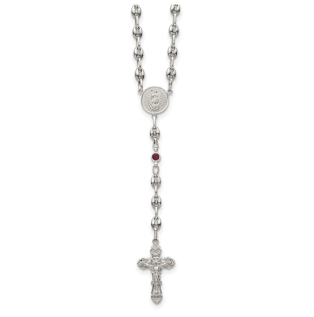 Stainless Steel with 925 Sterling Silver Polished Dark Pink Cubic Zirconia 21in INRI Rosary Necklace – Elegant Jewelry Gift for Birthday, Anniversary, Engagement, Wedding