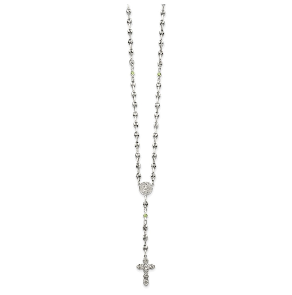 Stainless Steel with 925 Sterling Silver Polished Dark Pink Cubic Zirconia 21in INRI Rosary Necklace – Elegant Jewelry Gift for Birthday, Anniversary, Engagement, Wedding
