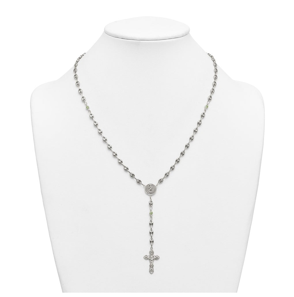 Stainless Steel with 925 Sterling Silver Polished Dark Pink Cubic Zirconia 21in INRI Rosary Necklace – Elegant Jewelry Gift for Birthday, Anniversary, Engagement, Wedding
