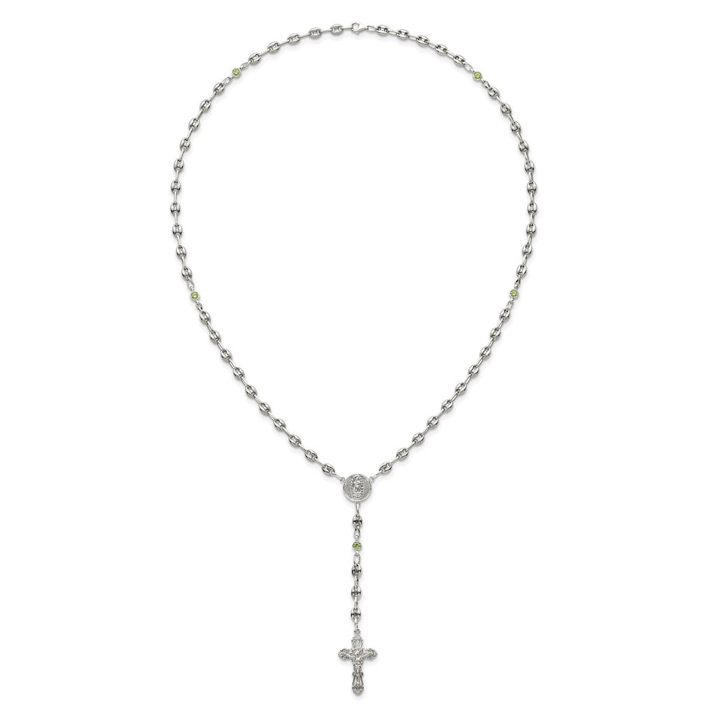 Stainless Steel with 925 Sterling Silver Polished Dark Pink Cubic Zirconia 21in INRI Rosary Necklace – Elegant Jewelry Gift for Birthday, Anniversary, Engagement, Wedding