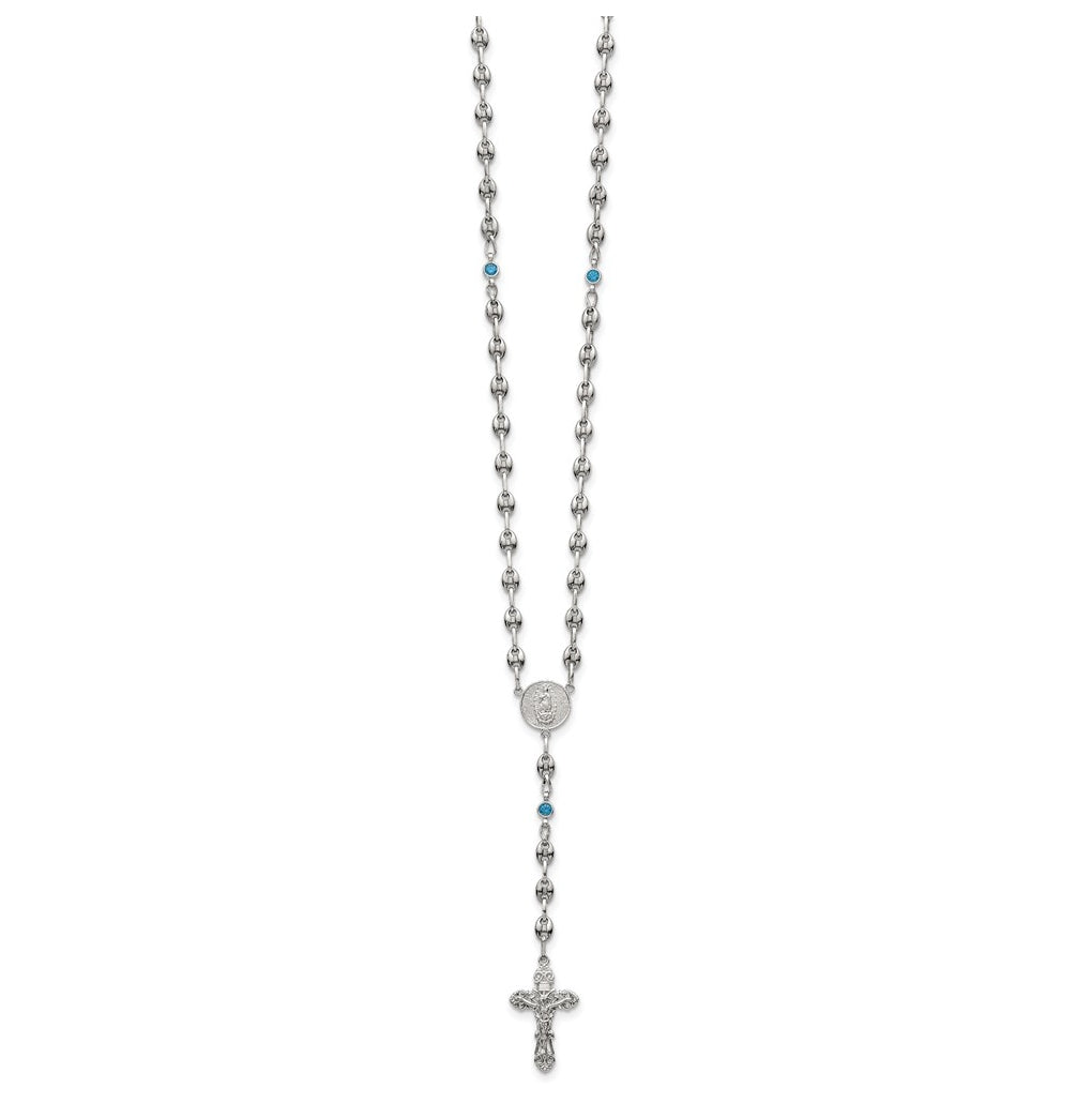 Stainless Steel with 925 Sterling Silver Polished Dark Pink Cubic Zirconia 21in INRI Rosary Necklace – Elegant Jewelry Gift for Birthday, Anniversary, Engagement, Wedding