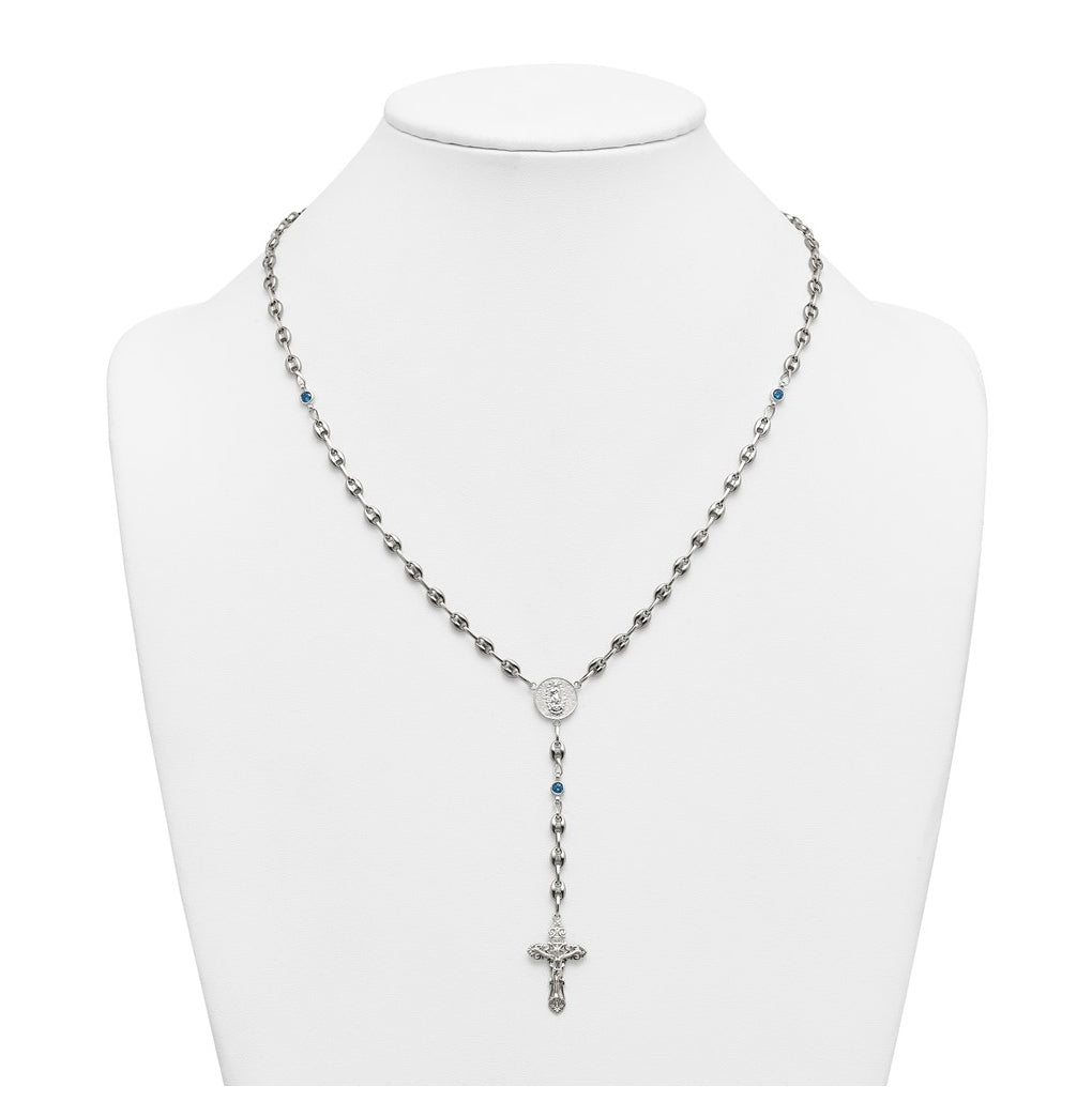 Stainless Steel with 925 Sterling Silver Polished Dark Pink Cubic Zirconia 21in INRI Rosary Necklace – Elegant Jewelry Gift for Birthday, Anniversary, Engagement, Wedding