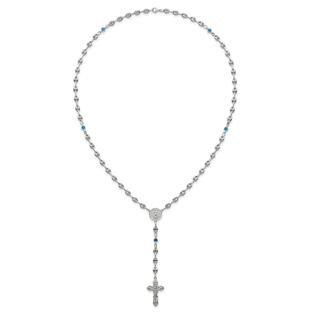 Stainless Steel with 925 Sterling Silver Polished Dark Pink Cubic Zirconia 21in INRI Rosary Necklace – Elegant Jewelry Gift for Birthday, Anniversary, Engagement, Wedding